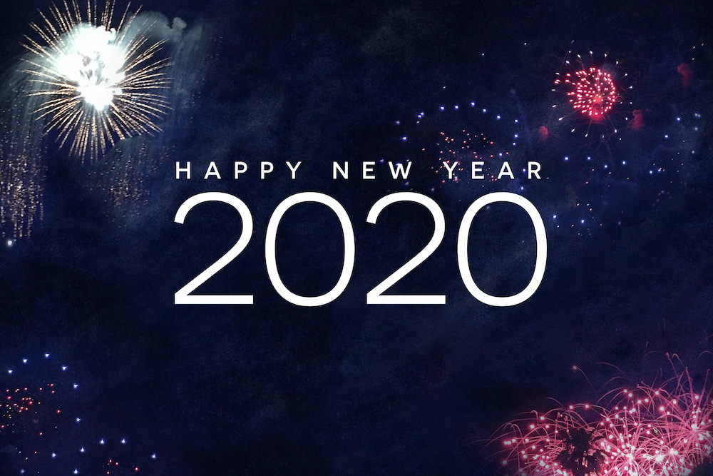 Happy New Year 2020 Typography with Fireworks in Night Sky